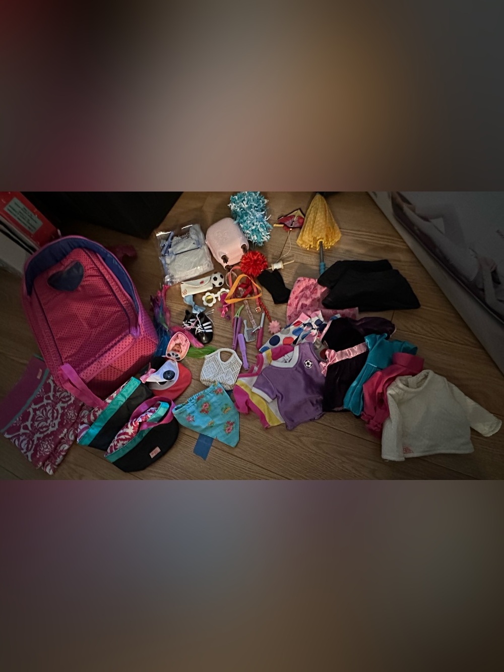 Pink Kids Backpack & Assorted Doll Clothes and Accessories